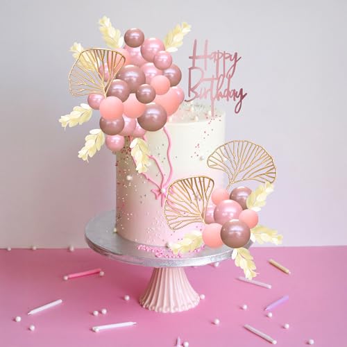 57Pcs Balls Cake Topper Boho Grass Cake topper Pearl Balls Acrylic Happy Birthday Cake Decorations for Wedding Baby Shower Birthday Boho Themed Party Supplies Rose Gold Pink (Rose Gold Pink)