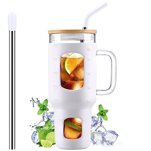Glass Tumbler with Straw and Lid (White / 40 Ounces)