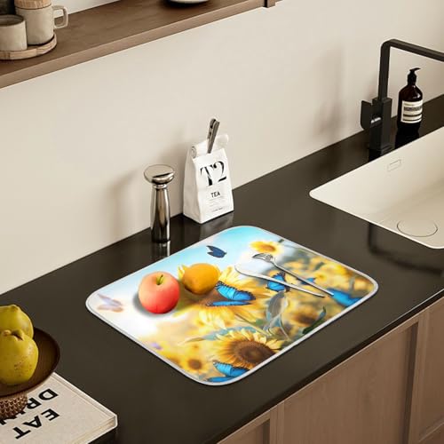 Blooming Sunflowers Blue Butterfly03 Dish Drying Mat for Kitchen Counter Absorbent Microfiber Large Drying Pad Dish Mats for Kitchen Countertops 18 x 24 Inch (24" x 18")