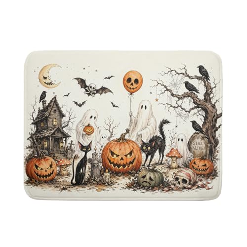 Halloween Pumpkin Ghost Dish Drying Mat Black Cat Microfiber Dishes Pad 18x24 Inch Holiday Dish Drainer Rack Mats for Kitchen Counter Sink (Pumpkin Ghost / 18x24 inch)