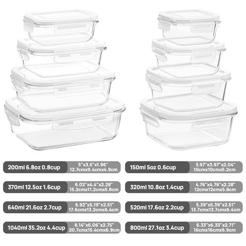 8 Pack Glass Food Storage Containers with Airtight Lids (White)