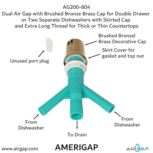 Dual Air Gap with Brushed Bronze Brass Cap for Double Drawer or Two Separate Dishwashers with Skirted Cap and Extra Long Thread for Thick or Thin Countertops (AG200-804)