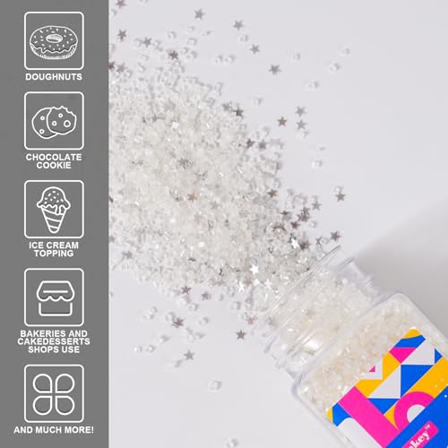 White Sanding Sugar Edible Silver Glitter Stars Mix (White)