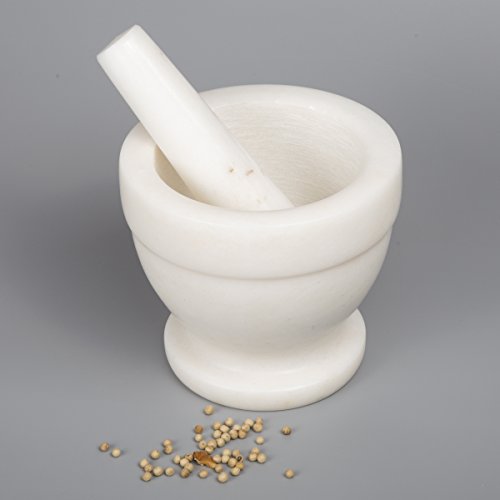 Natural Marble Mortar and Pestle Set Guacamole Molcajete Bowl Kitchen Spices Herbs Pesto Grinder (Off-White (color may vary) / 5.3" Diam. x 4.5" H)
