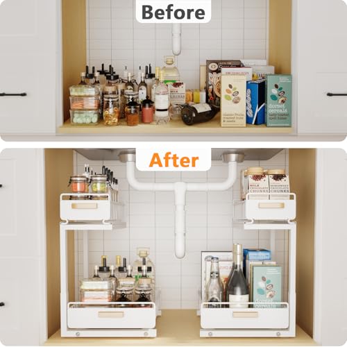2 Pack Under Sink Organizer with Ball Bearing Sliding Drawer (2 Pack Double Layer / White)