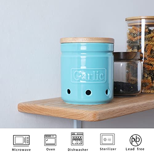 Garlic Keeper with Wooden Lid (Turquoise)
