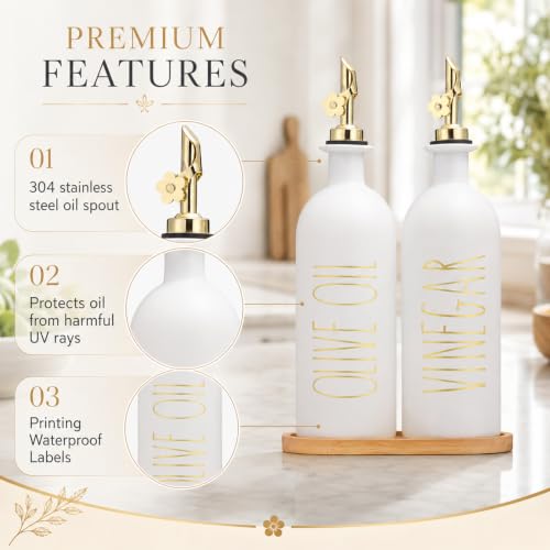 16oz Olive Oil Dispenser Bottles for Kitchen (White&Gold+Tray / 16 fl oz)