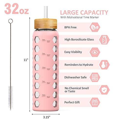Glass Water Bottle (Pink / 32 Ounces)