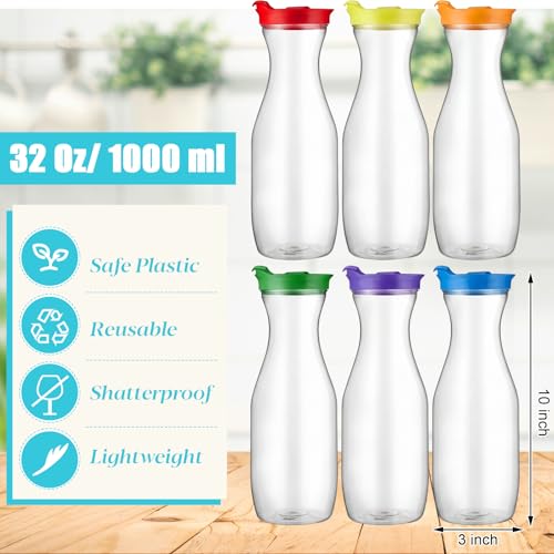24 Pcs Plastic Water Carafe with Lid 32 Oz Clear (Rainbow Color Cap)