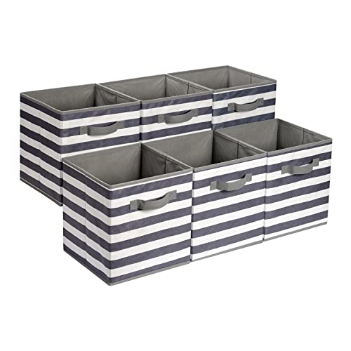 Collapsible Fabric Storage Bins with Handles (White/ Light Grey Stripe / 13"x13"x13")