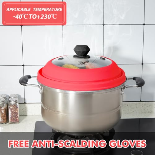 Microwave Splatter Cover Vented Glass Splatter Guard Lid with Collapsible Silicone for Food as Pot Cover Plate 10.8 inch for 6 7 8 9 10 inch Plate Bowl Red (10.8 inch / Red Lid)