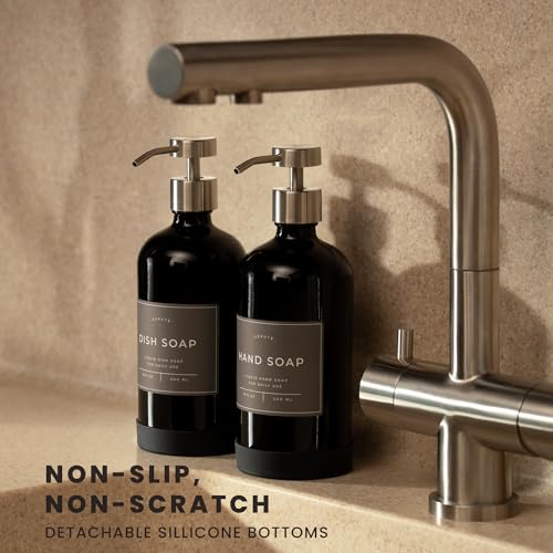 Hand and Dish Soap Dispenser for Kitchen and Bathroom (Gloss Black Bottle / Brushed Silver Pump)