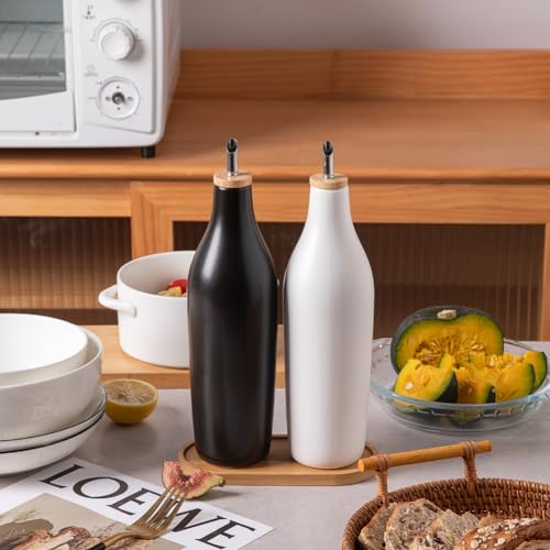 Sweejar Matte Ceramic Olive Oil Dispenser Bottles with Bamboo Tray (Black White & Tary / 17 Oz (Pack of 2))