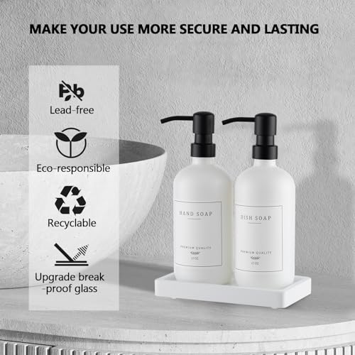 Thick Glass Soap Dispenser (White Bottle/Black Pump + Tray + Funnel)