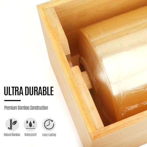 12 Inch Bamboo Plastic Wrap Dispenser with Cutter for Large Roll (Bamboo)