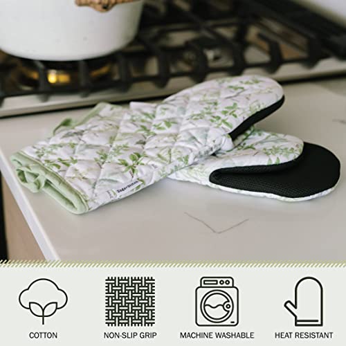 Heat Resistant Designer Kitchen Oven Mitts with Neoprene Non (Green Herbs)