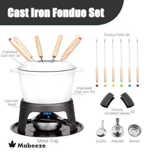 Cast Iron Fondue Pot Set White Enameled 1.6 Qt for Cheese (White)