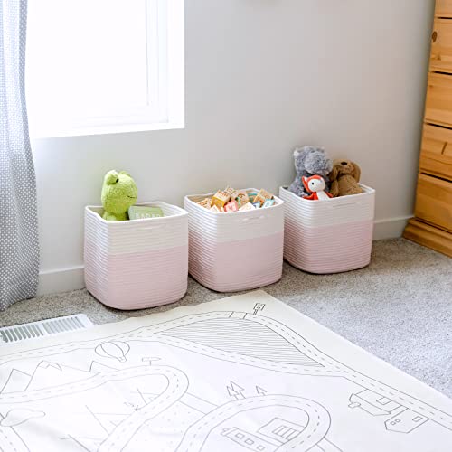Storage Cubes 11 Inch Cotton Rope Woven Baskets for Organizing (Off White & Mixed Pink)
