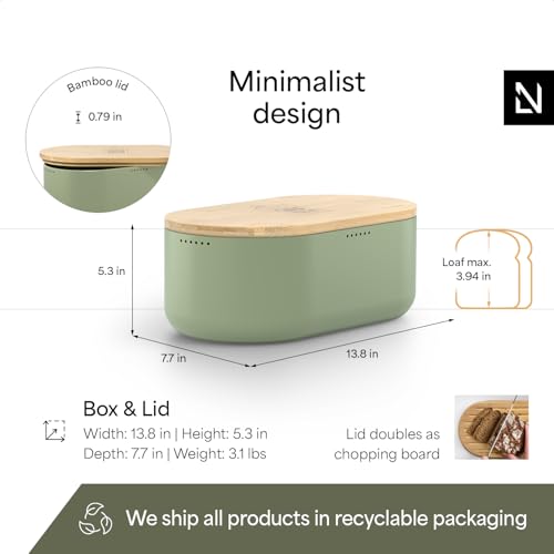 Bread Box I Metal Box for long lasting freshness I Bread Bin with bamboo lid usable as cutting board I 13.8x7.7x5.3 In