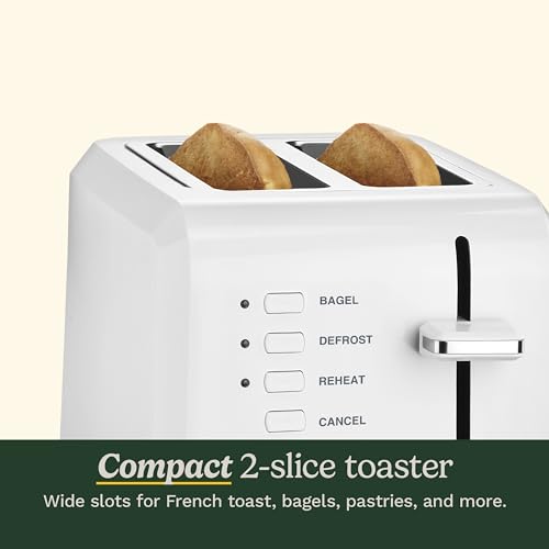 CPT-122 2-Slice Compact Plastic Toaster, Slots for Bagels & Bread, 7 Shade Settings, Cancel/Defrost/Reheat Functions, Removable Crumb Tray, Small Kitchen Appliance for Home & Office, White (White / 2-Slice / Toaster)