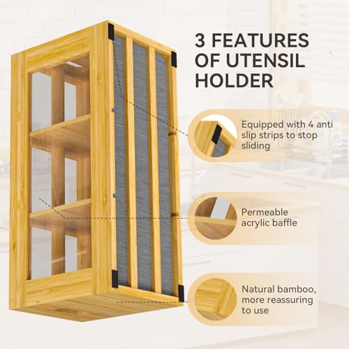 Bamboo Kitchen Utensil Holder with Drying Stone and 6 Compartments