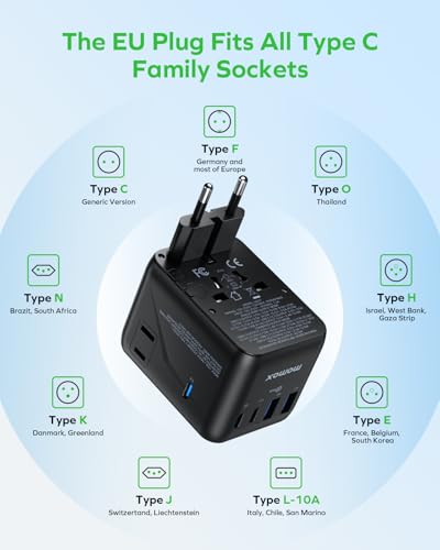 7-in-1 Universal Travel Adapter, GaN 45W iPhone 17 European Travel Plug Adapter, 3 USB-C PD & 2 USB-A QC,2 AC, International Power Adapter for Travel UK EU AUS JP, Travel Essentials (45 W)