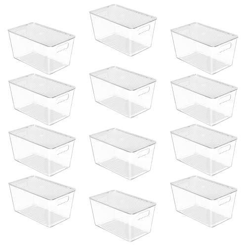 12 Pack Clear Stackable Storage Bins with Lids and Handles (M(10"L x 6"W x 5"H))