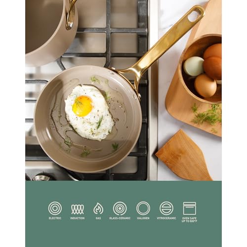 Non Stick Frying Egg Pan (Cappuccino Cream w/ Gold Handle / Deep Fry Pan (8-Inch))