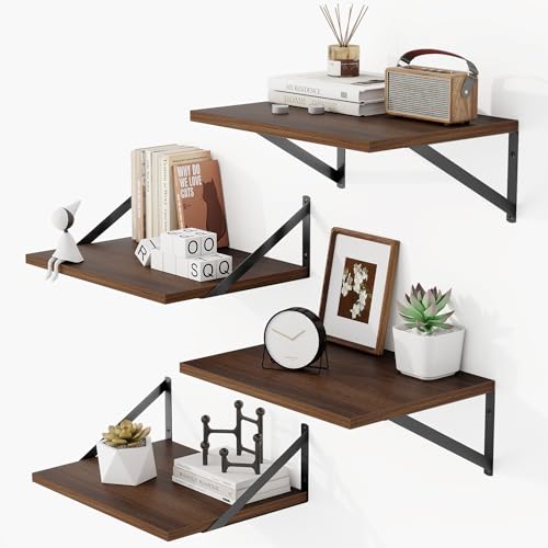 16W x 12D Deep Floating Shelves Set of 4 Natural (Walnut With Black Metal Bracket / 16Wx12Dx5.8H)