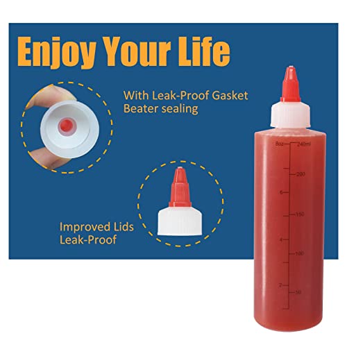 10 Pack 8 oz Graduated Plastic Squeeze Squirt Condiment Bottles ((6) 8 oz(10pack) Red Twist Cap)