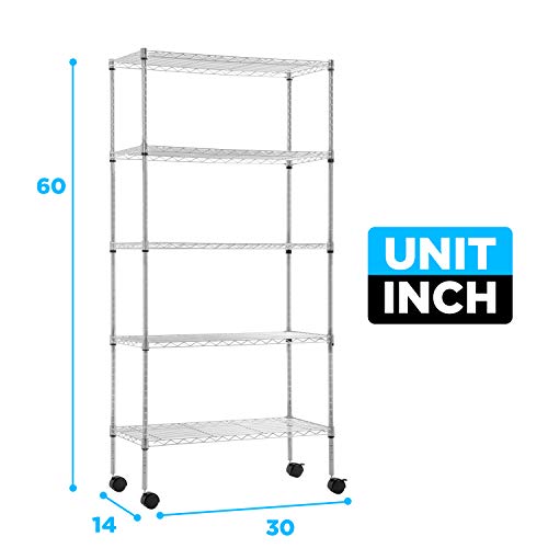 5 Tier Wire Shelf with Wheels (Chrome / 30×14×60)