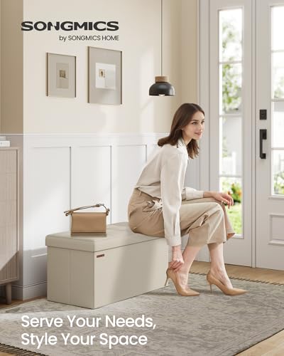 30 Inches Folding Storage Ottoman Bench (Cream White / 15"D x 30"W x 15"H (without Flipping Lid))