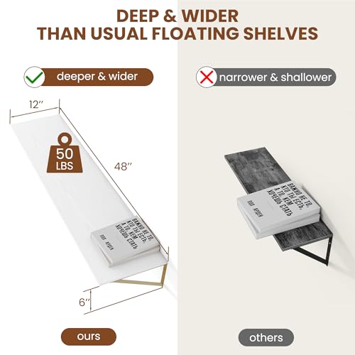 48W x 12D Deep Floating Shelves Set of 2 White & Gold (White With Golden Bracket / 48Wx12Dx5.8H)