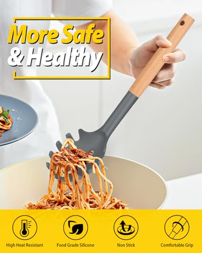 Silicone Soup Ladle and Pasta Spoon Set with Wooden Handle (2 Count)