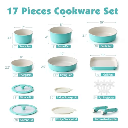 17 Piece Ceramic Detachable Handle Pots and Pans Set Turquoise (Turquoise / 17 Piece)