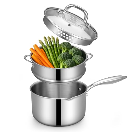Tri Ply Stainless Steel Sauce Pan with Steamer Basket & Strainer Glass Lid (2 Quarts)
