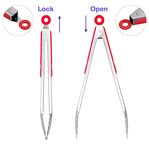 304 Stainless Steel Kitchen Cooking Tongs (12" & 14" / Red)