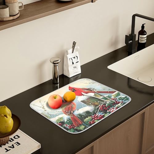 Winter Birds Snowflakes Berry Dish Drying Mat for Kitchen Counter Absorbent Microfiber Small Christmas Drying Pad Dish Mats for Kitchen Countertops 16 x 18 Inch (18" x 16")