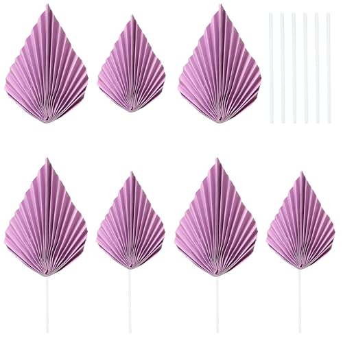 6Pcs Paper Palm Fan Cake Toppers Palm Leaf Fan Cake Topper Palm Spear Leaf Cupcake Toppers Cake Insert Decoration For Cake Decorating Diy Craft Project Home Wedding Party Supplies Purple (6 Count)