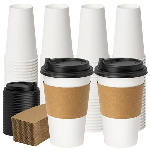 16 oz 50 Pack Coffee Cups with Lids & Sleeves (White-Kraft Sleeves / 16 oz)