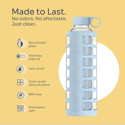 40oz / 32oz / 22oz / 12oz Borosilicate Glass Water Bottle with Time & Volume Markers, Silicone Sleeve, Stainless Steel Lid | Reusable Glass Bottle for Water & Juice (32oz Ice Blue) (Ice Blue (1 Count) / 32 Ounces)