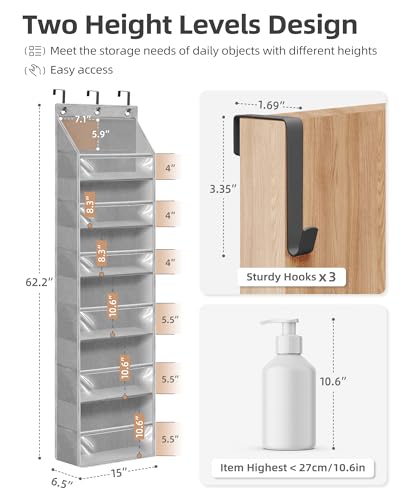 Over Door Organizer Hanging Shelves Large Clear Deep Pockets (Grey / 6-Shelves 62.2"H)