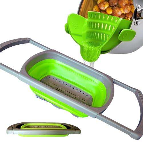 2-in-1 Silicone Strainer Set | Collapsible Colander | Over the Sink Silicone Collander With Extendable Handle | Clip-on Pot Strainer for Pots and Pans| Space-Saving, Heat-Resistant (2 Count)