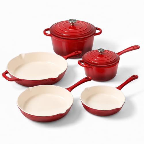Nonstick Enameled Cast Iron Cookware Set (Red E)