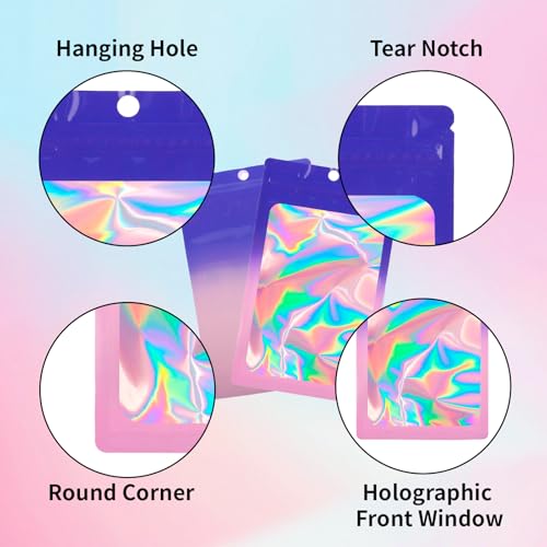 200 Pack Resealable Mylar Holographic Bags Food Storage Smell Proof Bags with Front Window Foil Packaging Pouch for Candy Sample Jewelry Small Business 3.15×5.51 Inch (200 Count)