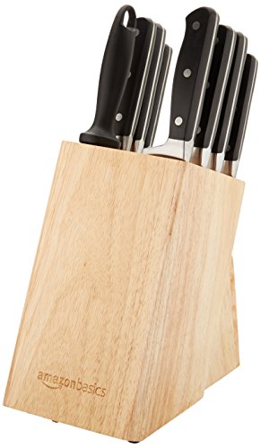 9-Piece High-Carbon Stainless Steel Kitchen Knife Set with Ergonomic Handles, Full Tang Construction, Pine Wood Block, Black (9-Piece / Traditional Handle Design)