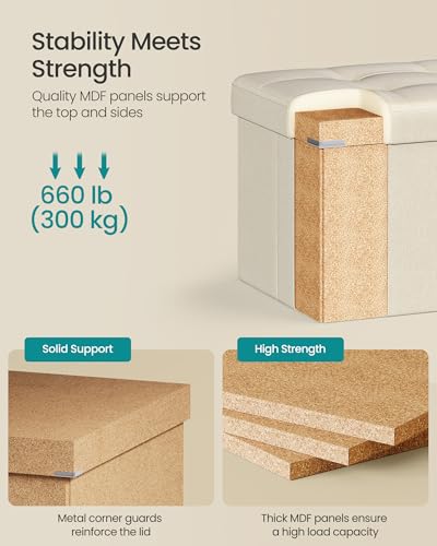 43.3 Inches Folding Storage Ottoman Bench (Cream White / 15"D x 43"W x 15"H (without Flipping Lid))