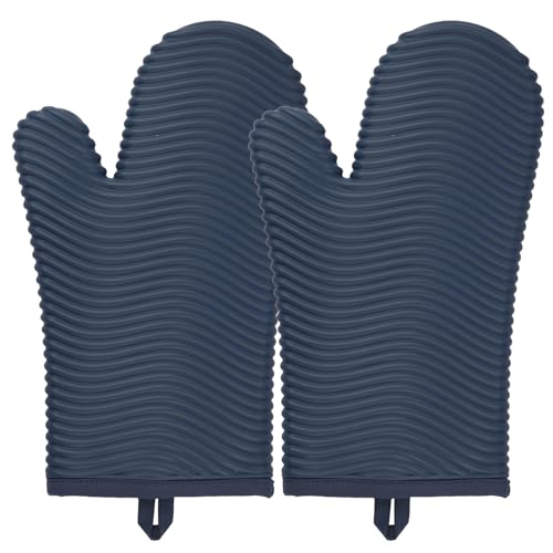 Silicone Oven Mitts (2PCS-12"L x 7"W/BLUE-WAVE SURFACE)