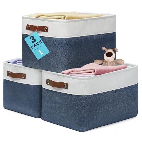 15x11in Canvas Storage Baskets 3 Pack (Navy Blue / Off-White / Large - 3pc)