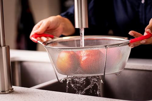 Hercules Chef by Mundial 9.8" Stainless Steel Colander Strainer with Red Silicone Handles